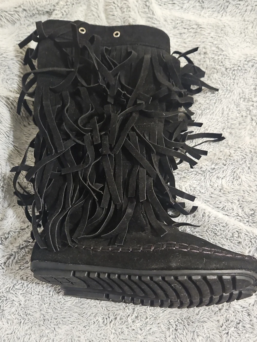 Kids Black Fringe Mid-Calf Boots - Soft Suede Look